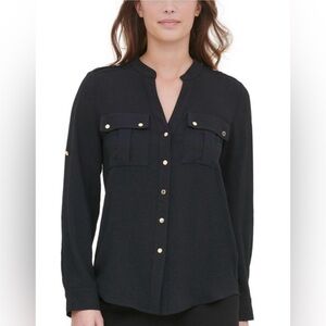 Calvin Klein Women’s Textured Button Up Shirt Roll Tab Sleeves Silver Buttons M